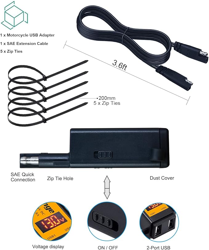 Motorcycle USB Charger, Mroinge 4.8A SAE to USB Adapter with Voltmeter & Ammeter, Quick Disconnect Plug with Dual USB Charger Perfect for Smart Device Charging, with ON/Off Switch & Waterproof Cover