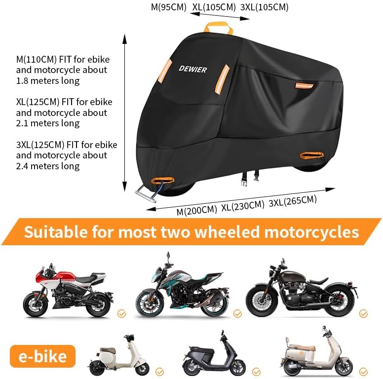 Motorcycle Cover Waterproof Outdoor, 420D Heavy Duty, M 71in, All Season Protection, Windproof Clasps, Storage Bag, Night Reflective Design, Fits Motorcycles, 1-2 Bikes Ebikes