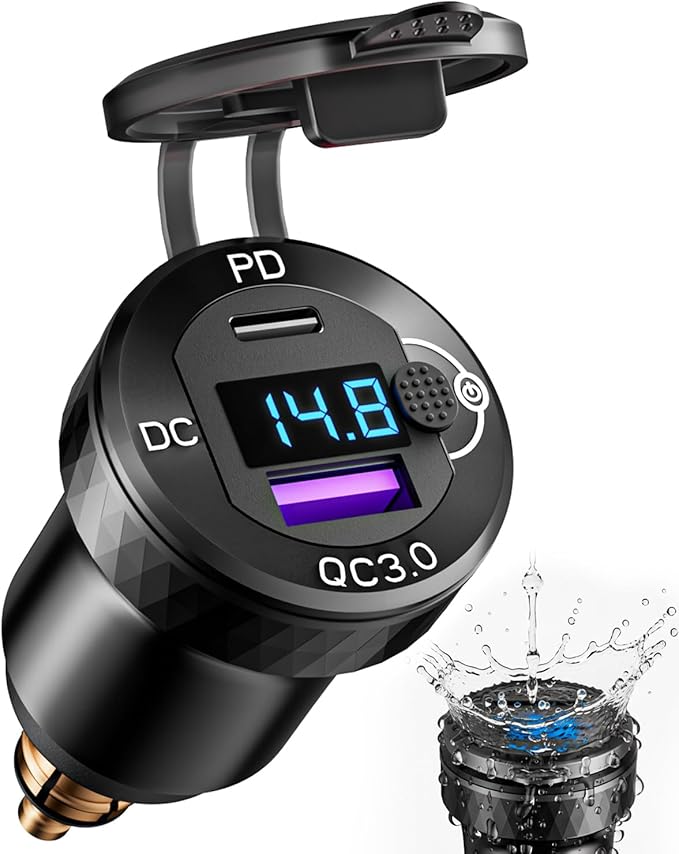 Motorcycle USB Charger, Waterproof 18W QC3.0 & 30W PD3.0 DIN Plug to USB Adapter with On-Off Switch & Voltmeter, Aluminum Phone Charger for 12V/24V BMW Ducati Triumph