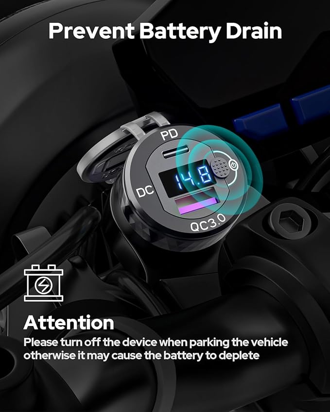 Motorcycle USB Charger, Waterproof 18W QC3.0 & 30W PD3.0 DIN Plug to USB Adapter with On-Off Switch & Voltmeter, Aluminum Phone Charger for 12V/24V BMW Ducati Triumph