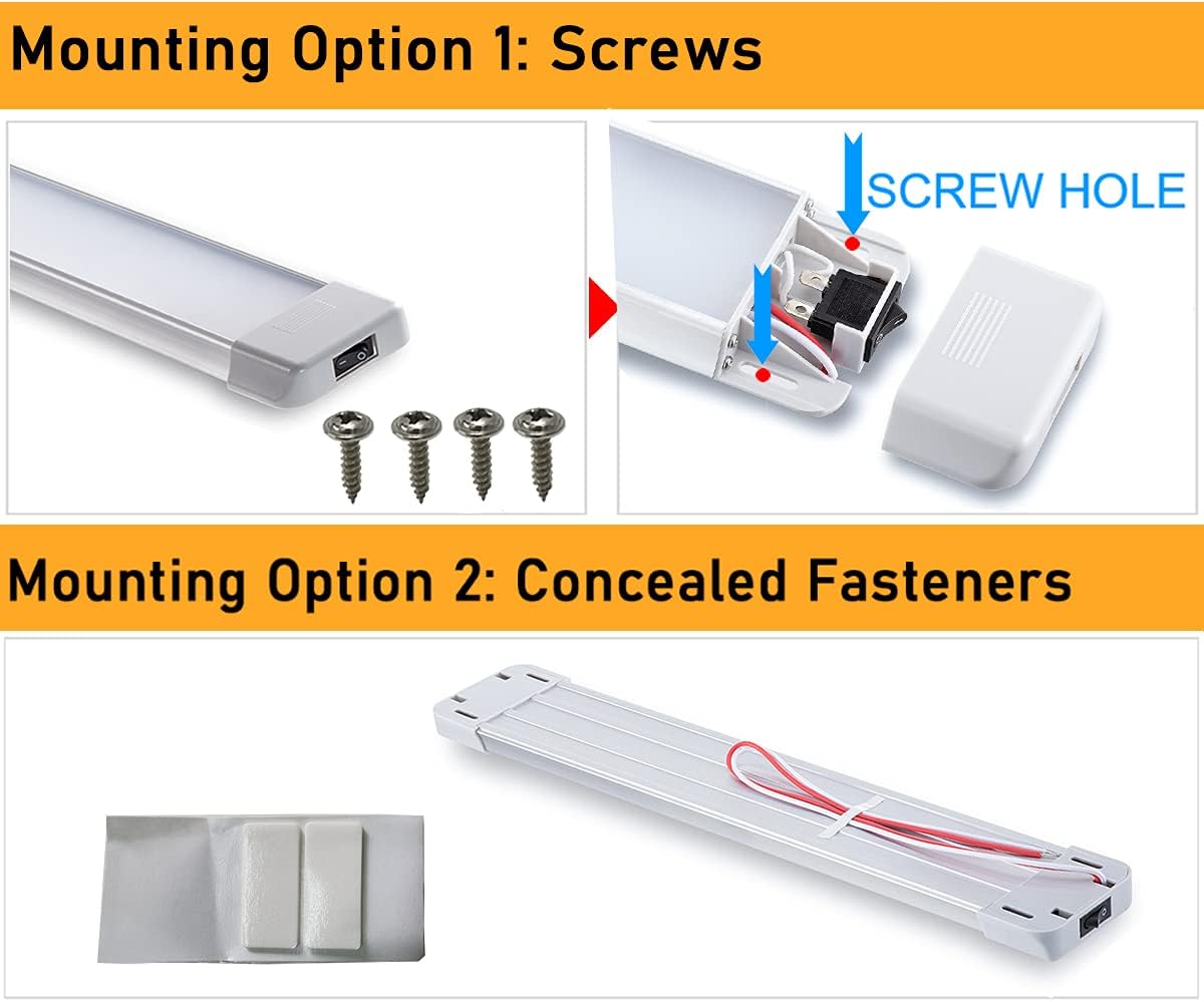 LED Interior Utility Light Fixture 10.6" x 2.6", High Lumen-Output Low Current Draw Energy Efficient, Frosted Lens 6000K Cool-White Even Diffused Beam, On/Off Rocker Switch 12V-24V DC, 1-Pack