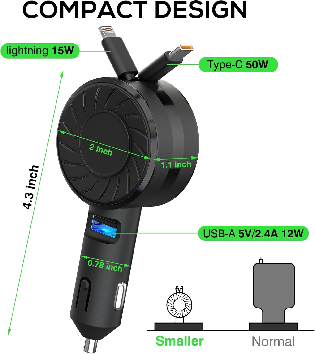 Retractable Car Charger (2Pack), 3 in 1 Fast Charging Phone Charge 50W, Mini Car Adapter with 2 Cables+1 Port Cigarette Lighter USB C Charger for Apple iPhone 15 Pro/Samsung/Android/Pixle