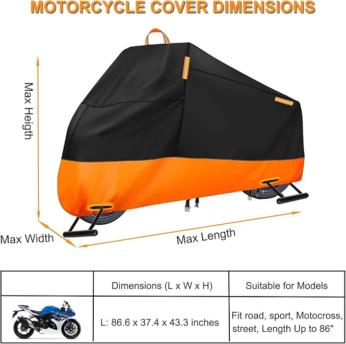 Motorcycle Cover Waterproof Outdoor, 300D Heavy Duty Motorbike Cover for Ninja 250 300 650 1000 Yamaha YZF R1 R7 MT-09 Suzuki GSXR 600 750 1000 Scooter Cover Protection Fits up to 86"