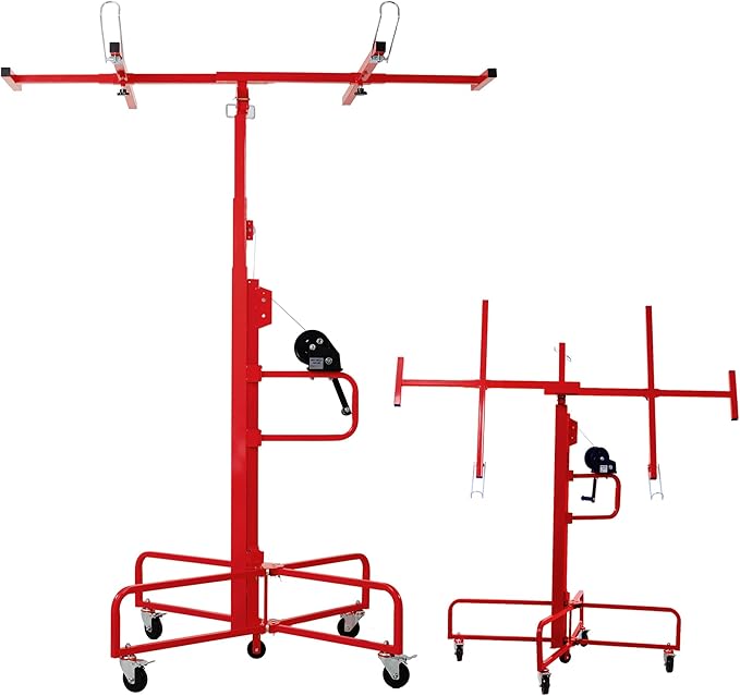 13FT Drywall Lift Sheetrock Lift, 150LBS Drywall Lift Panel Hoist with 4 Lockable Wheels for Ceiling, Drywall Rolling Lifter Panel, Drywall Jack Lift for Home & Commercial Use, Red