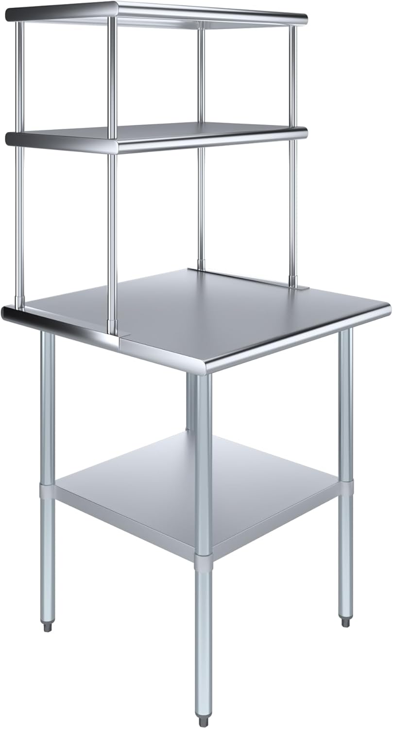 Amgood Stainless Steel Work Table Double Tier Overshelf | Metal Kitchen Prep Table & Shelving Combo (30" x 30" Work Table + 18" Overshelf)