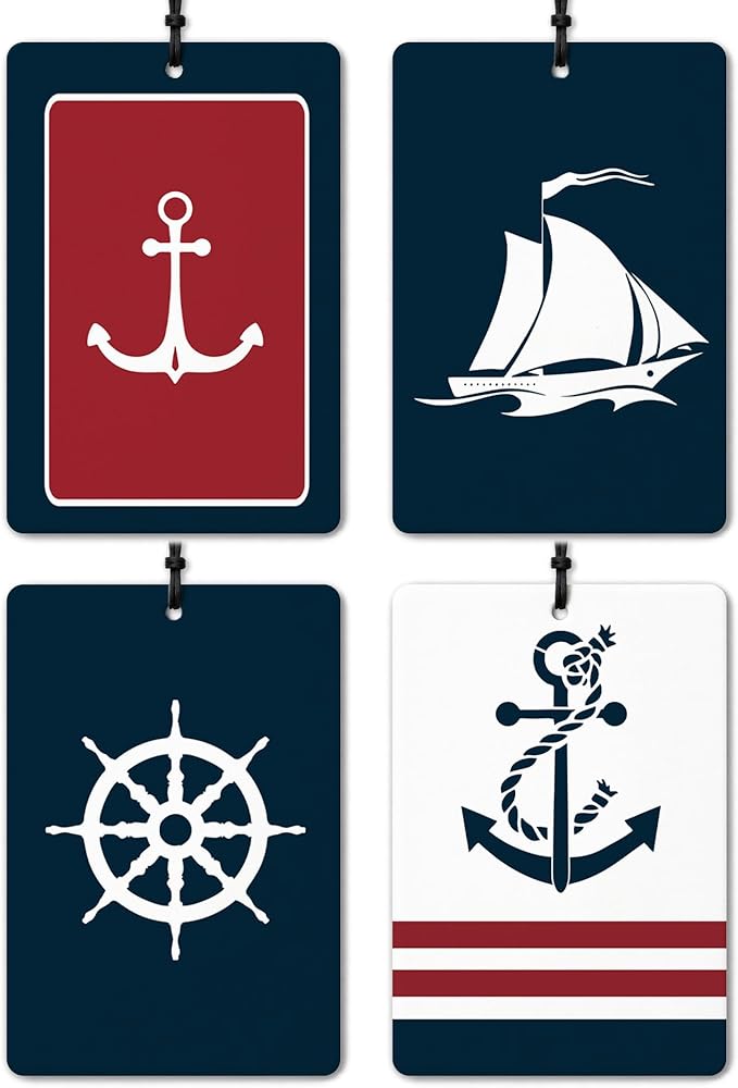 Nautical Navy Blue Car Air Freshener 4 Pcs, Nautical Coastal Boat Ship Wheel Anchor Air Freshener Hanging for Cars Books Closet Drawer, Preppy Blue Car Accessories for Women Men