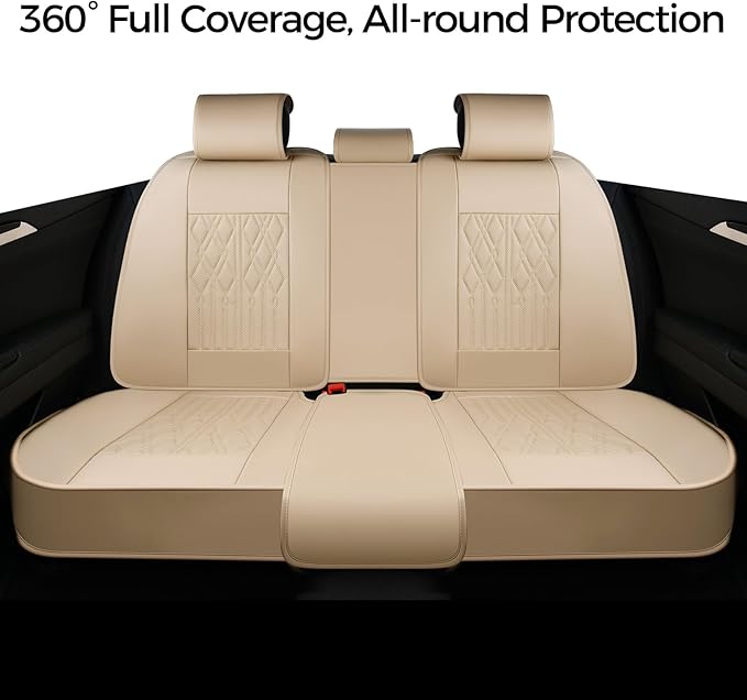 Huidasource Rear Seat Covers, Waterproof Nappa Leather Rear eat Covers for Split Bench, Universal Fit Automotive Back Seat Covers for Most Cars Sedan SUV Pickup Truck (Back Row/Beige)