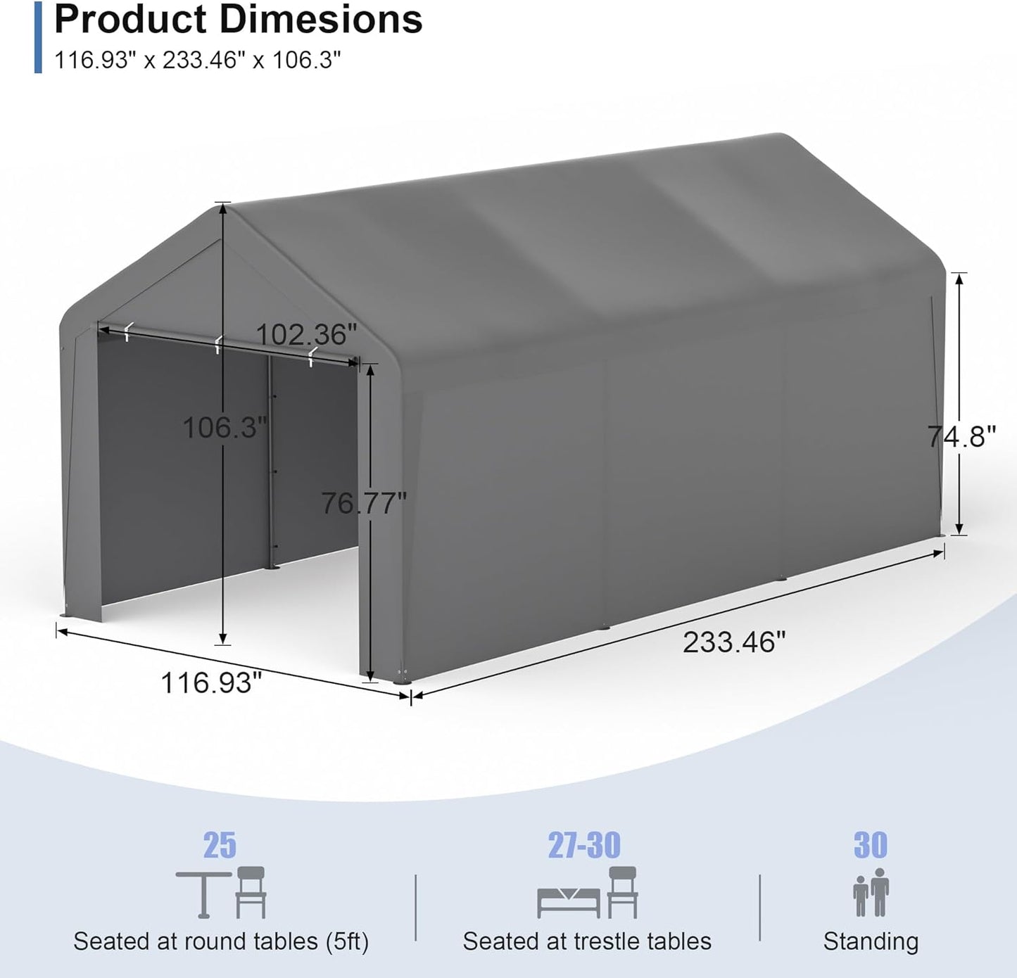 Carport, 10‘ x 20’ Heavy Duty Portable Garage All-Season Car Canopy w/Removable Sidewall & Doors, Carport Canopy Party Tent w/Water-Resistant Tarp for Backyard (Grey, 10‘ x 20’)