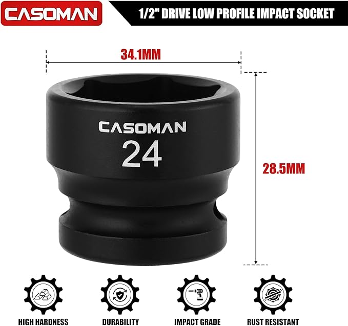 CASOMAN 1/2" Drive 24mm Stubby Impact Socket Set, 6-Point, 1.1" Length, CR-MO, Metric
