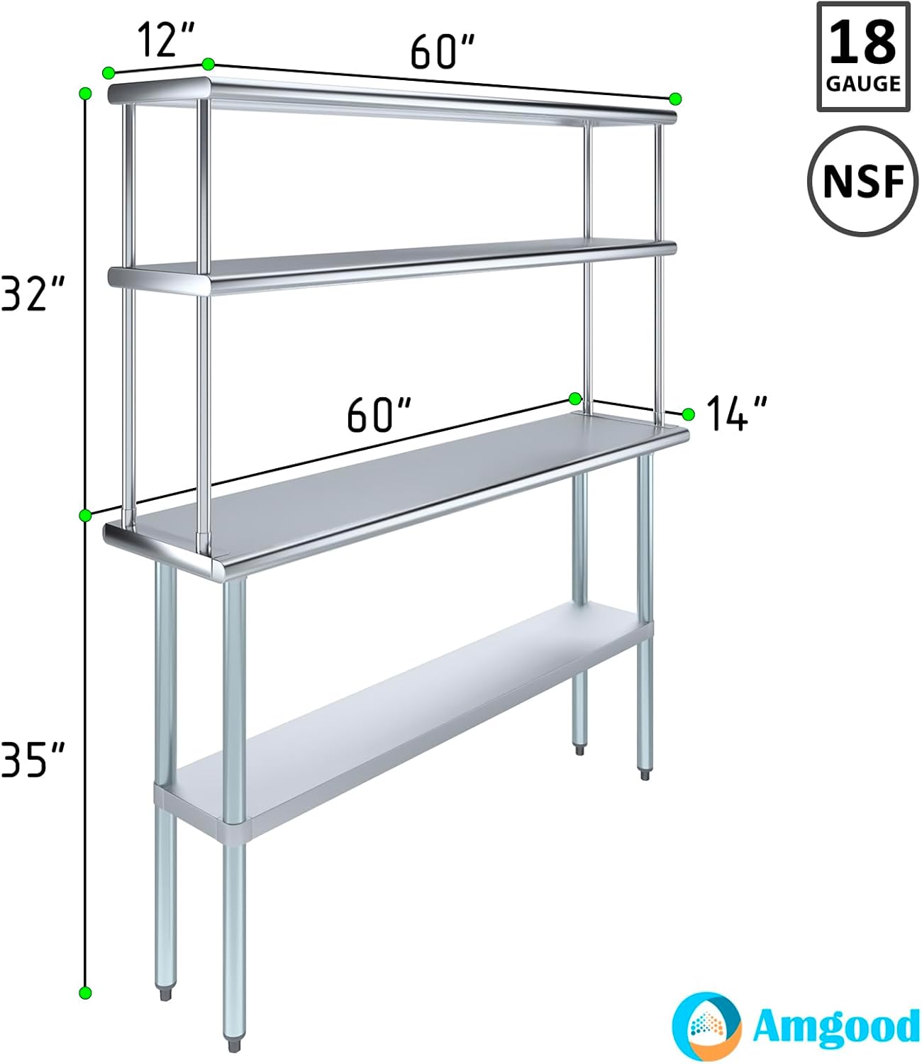 Amgood Stainless Steel Work Table Wide Double Tier Overshelf | NSF | Metal Kitchen Prep Table & Shelving Combo (14" x 60" Work Table + 12" Overshelf)