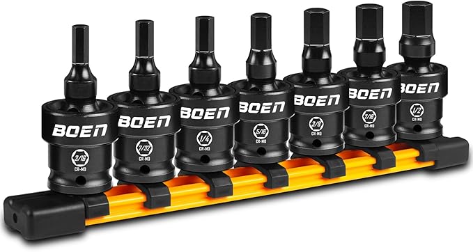 boen 3/8" Drive Universal Hex Bit Socket Set, 7-Piece SAE Impact Swivel Allen Bit Sockets, 360° Rotation Flexible Wobble Hex Bit Driver Socket Set, With Storage Rail, CR-MO Steel