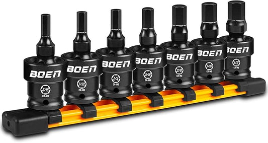 boen 3/8" Drive Universal Hex Bit Socket Set, 7-Piece SAE Impact Swivel Allen Bit Sockets, 360° Rotation Flexible Wobble Hex Bit Driver Socket Set, With Storage Rail, CR-MO Steel