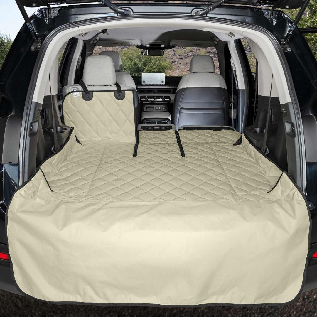 4Knines SUV Cargo Liner for Dogs, Trunk Mat for SUV, Durable Cargo Cover, Protector – Compatible with 60/40 Split Bench & Armrest Pass-Through, Waterproof, Machine Washable, Non-Slip (Large, Tan)