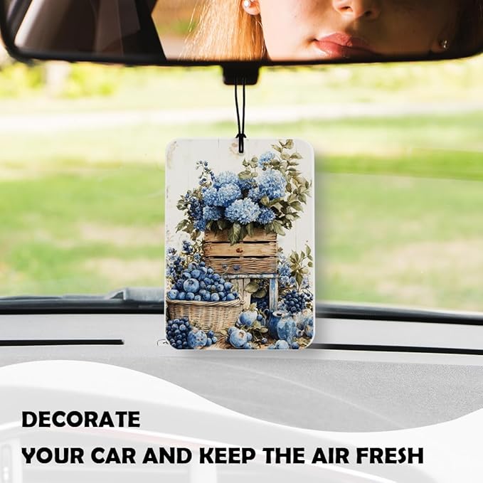 Retro Blue Hydrangea Floral Car Air Freshener 3 Pcs, Rustic Cottagecore Flower Air Freshener Hanging Decor for Cars Closet Drawer Books Accessories Gifts