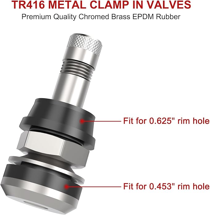 SUNSOUL TR416 5pcs Metal Valve Stems Outer Mount Fits .453" & .625" Rim Holes, Silver, High-Pressure Clamp-in Tire Valves