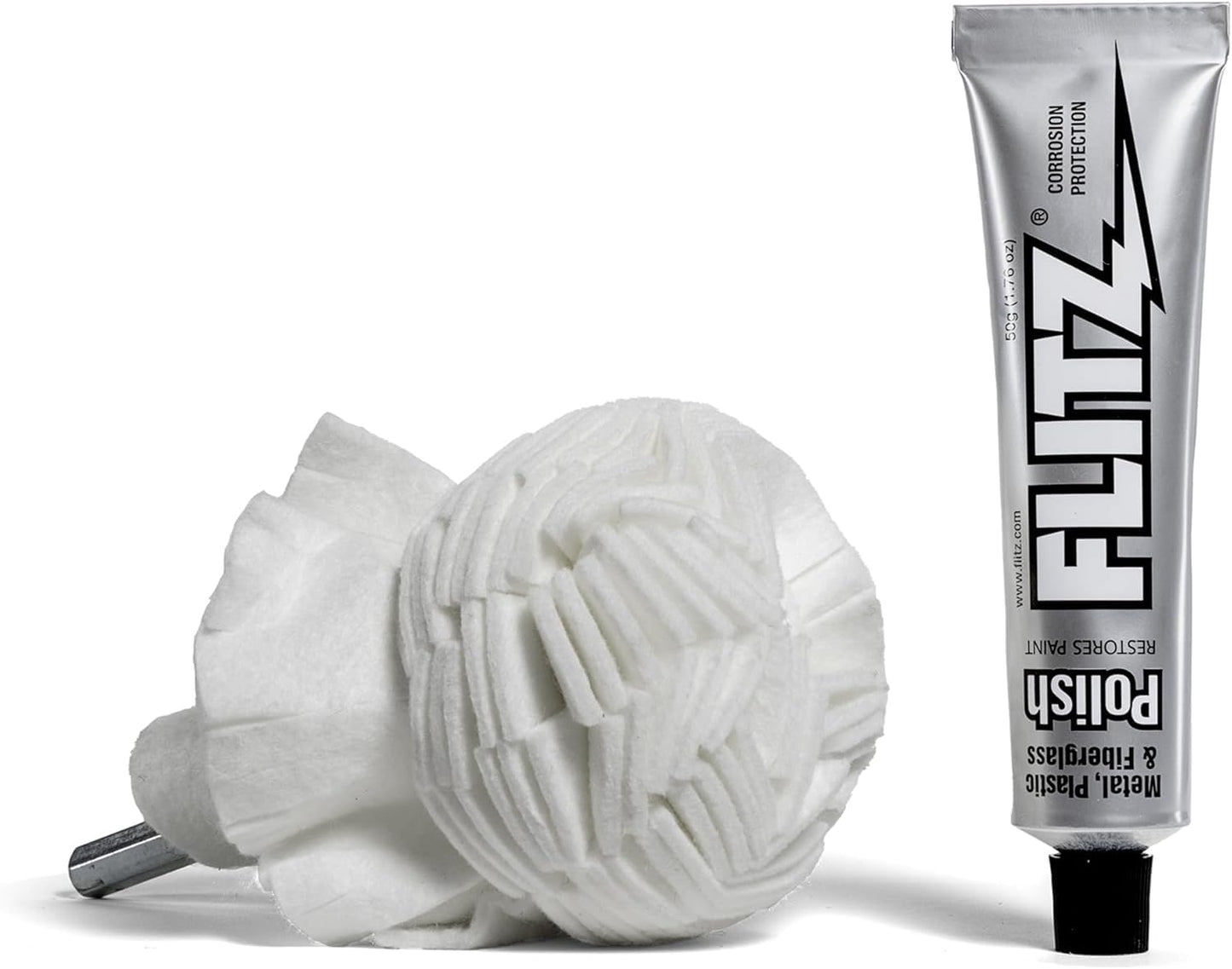 Flitz Buff Ball w/ 1.76oz Metal Polish Paste - 3in Drill Buffer Polisher Attachment for Any 3/8in Drill - Self-Cooling, Washable Polishing Ball to Buff, Shine, & Protect All Metals, Plastics (1 Pack)