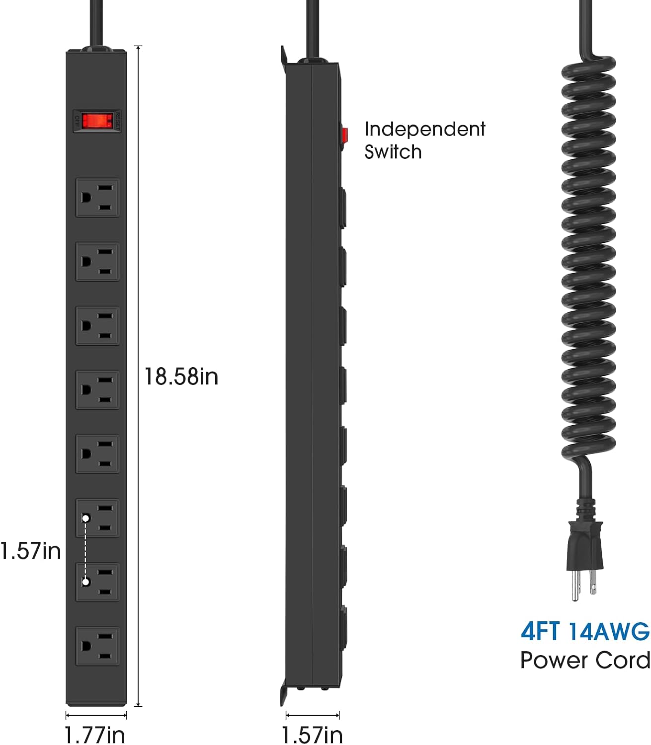 2Pack 8 Outlet Metal Wall Mount Power Strip, Mountable Outlet with Switch, Heavy Duty Wide Spaced Surge Protector, 4 FT SJT 14AWG Black Spring Cord.