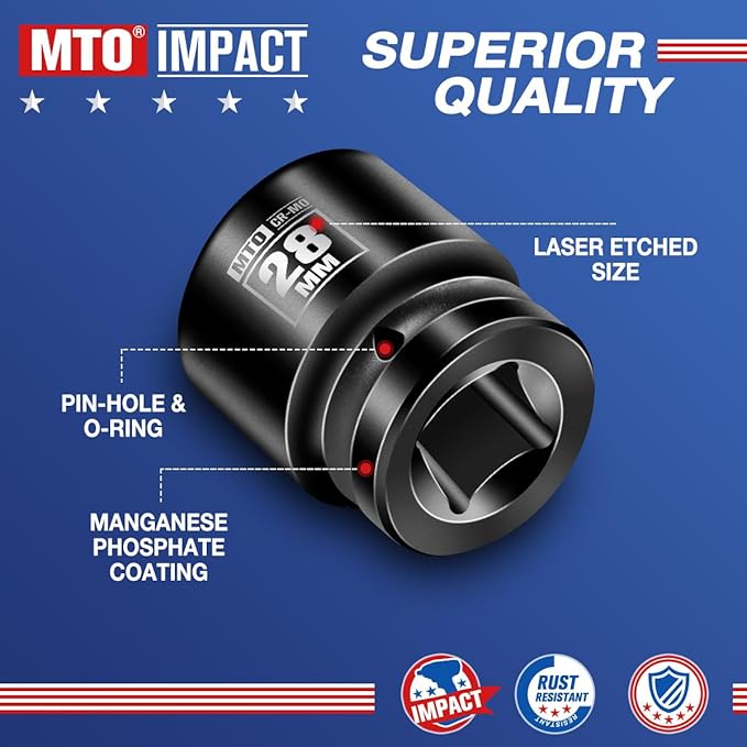 MTO 1/2" Drive 28mm Shallow Impact Socket, 6-Point Metric Socket, CR-MO Steel & Anti-Corrosion Coating for Tight Spaces and Heavy-Duty Tasks