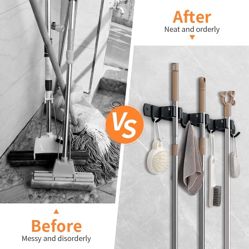 2 Pack Broom Hanger and Mop Holder, Heavy Duty Garden Tool Organizer Rack Rake and Shovel Handle, Stainless Steel Wall Mounted Utility Rack with Screws (4 Racks with 5 Hooks, Matte Black).