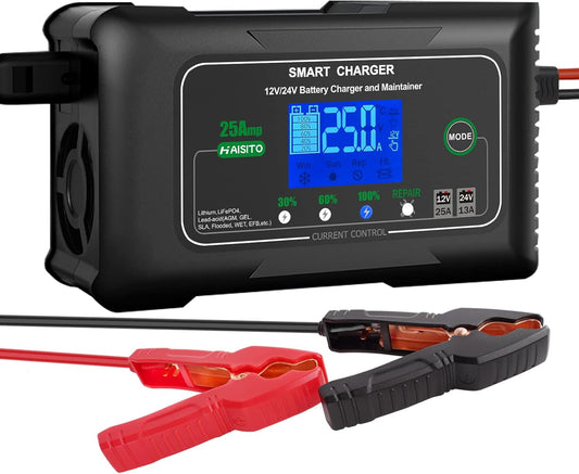 25 Amp Lithium Battery Charger, 12V and 24V Lifepo4,Lead-Acid(AGM/Gel/SLA..) Battery Charger,Battery Maintainer, Trickle Charger, and Battery Desulfator for Car,Boat,Motorcycle, Lawn Mower.