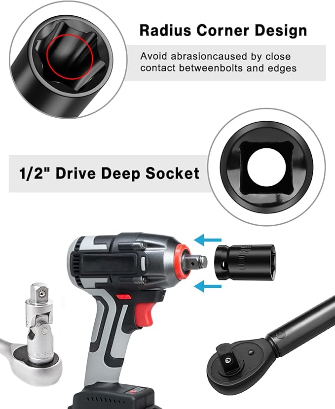 Lytool 15-Piece 1/2" Drive Shallow Impact Socket Set, Metric 8-22mm, 6-Point CR-V Steel