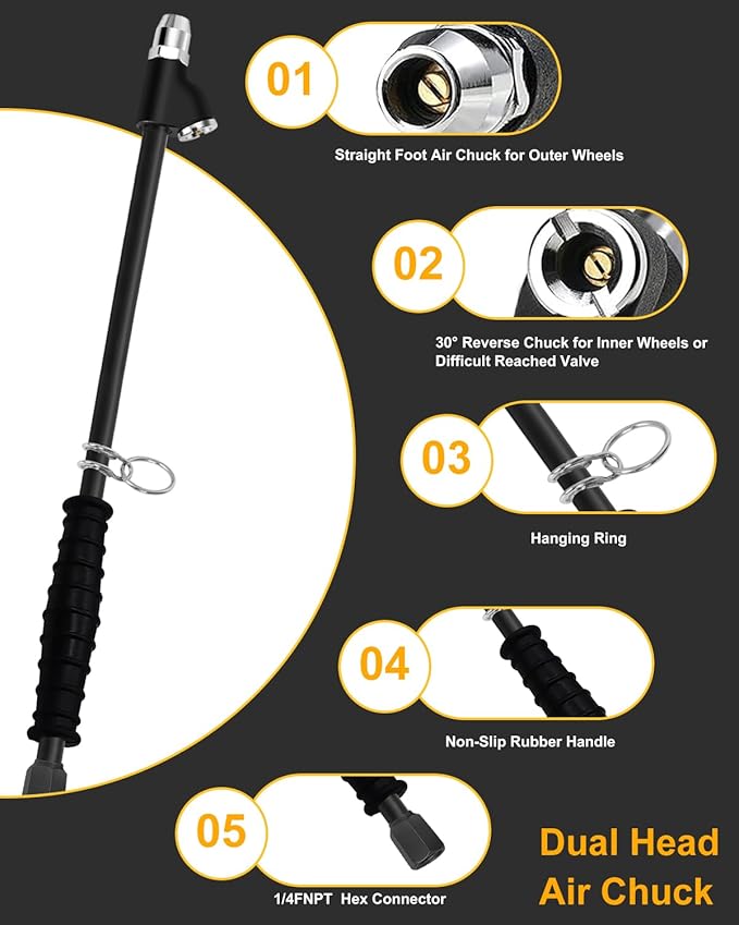 GODESON 15" Extended Reach Dual Head Air Chuck, 1/4" NPT Tire Inflator Nozzle with Quick Plug – Heavy Duty Air Compressor Chuck Kit for Semi, Truck, RV, Dually Tires, Close Flow Tire Chucks