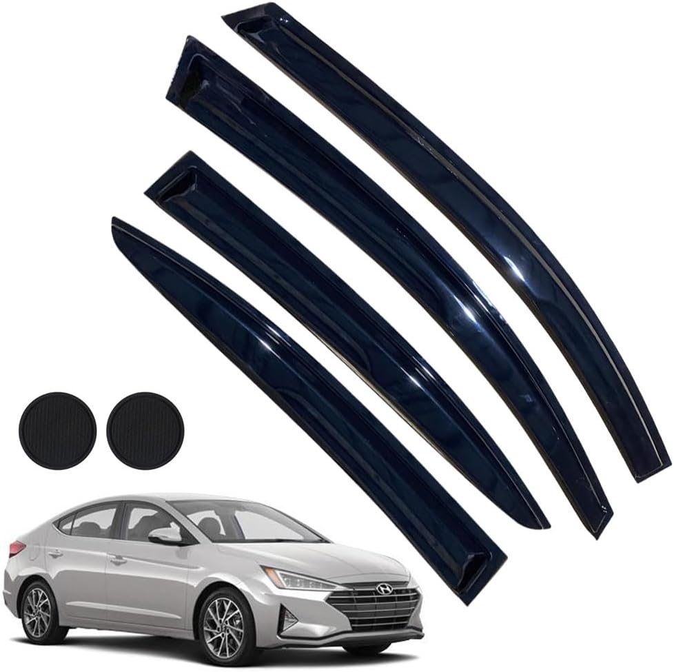 Rain Guards for Hyundai Elantra 2017-2020, Tape-on Side Window Deflectors for Hyundai Elantra, Window Visors for Hyundai Cars,for Hyundai Car Accessories 4 Rain Guards ＆ 2 Car Coasters