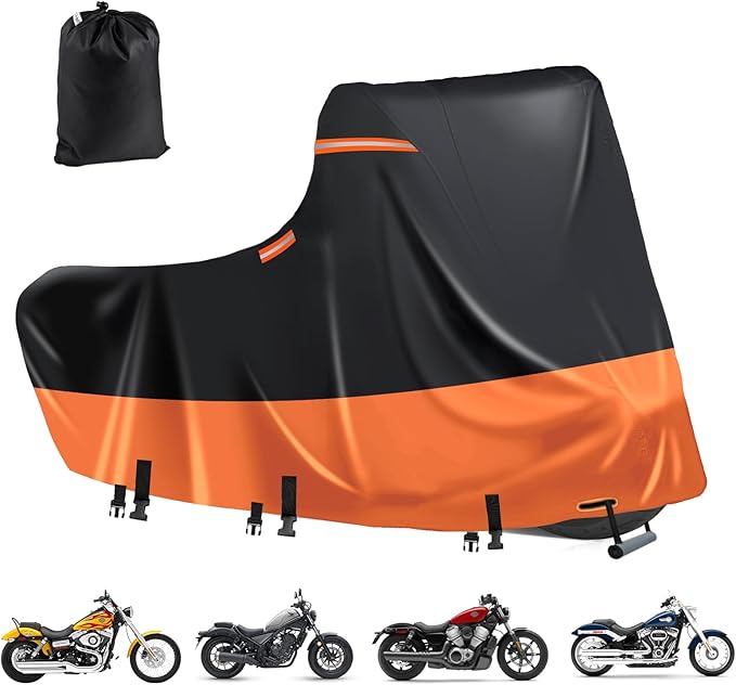 Heavy Duty Motorcycle Cover XL Waterproof Outdoor,600D Power Sports Vehicle Covers,Nano Silver Inner,5 Reflective Strips,3 Windproof Buckles,Air Vents,Rain UV Dust Proof(1XL 86"x39"x51" Black-Orange)