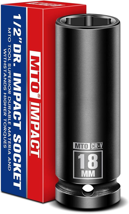 MTO 1/2" Drive 18mm Deep Impact Socket, 6-Point Metric Socket for Automotive Maintaince, CR-V Steel Meets ANSI Standards