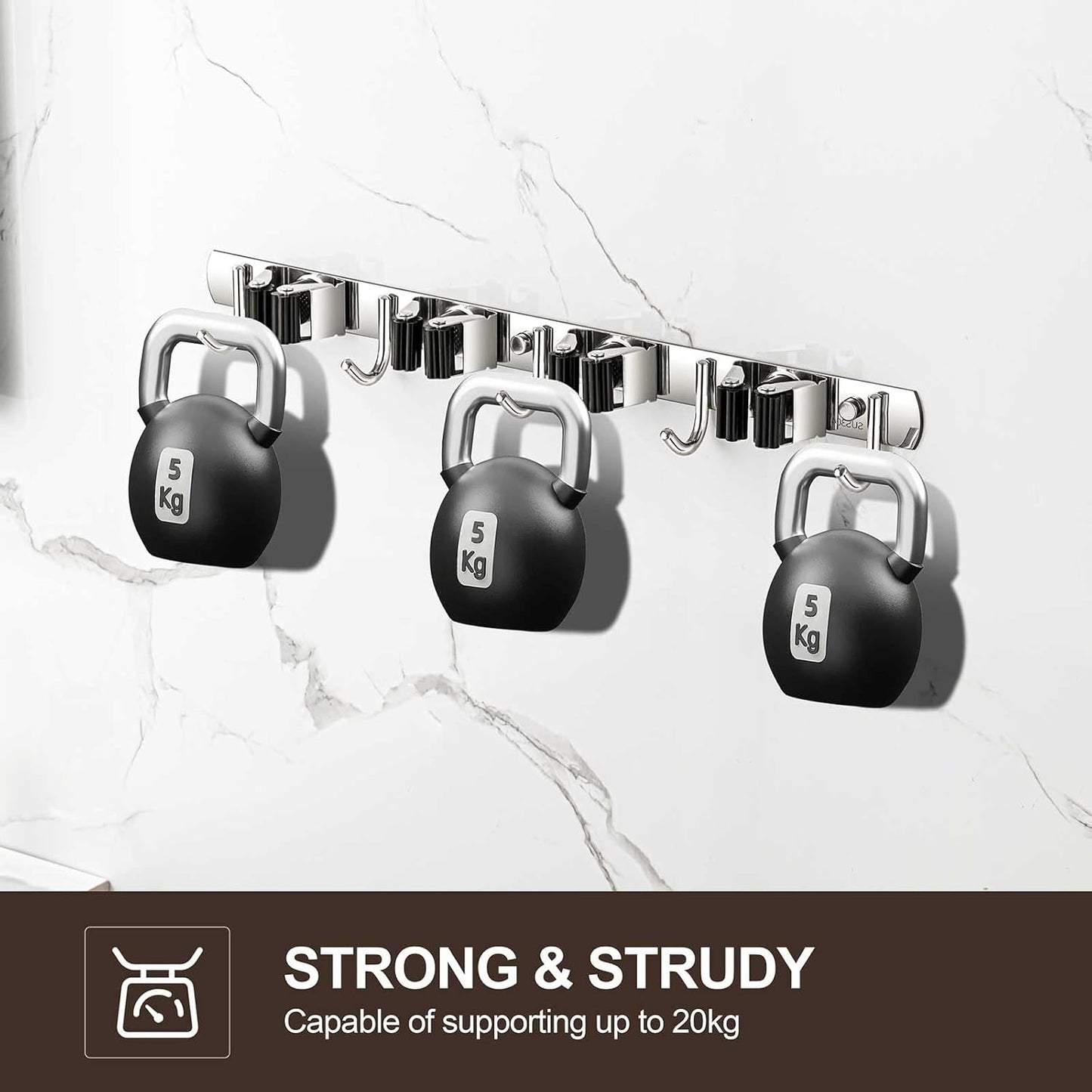 Broom Holder Wall Mount, Stainless Steel Broom Hanger Wall Mount, Heavy Duty Mop and Broom Holder Tool Racks Utility Hooks for Laundry Room Garden Garage, Black (5 Racks and 4 Hooks)