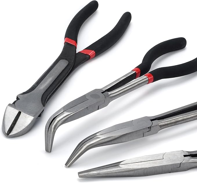 4-Piece 11" Extra Long Needle Nose Pliers Set with Insulated Comfort Grip, Straight Long Reach, 45/90°Bent Nose & Diagonal Pliers for Bending, Shaping & Trimming in Narrow Spaces