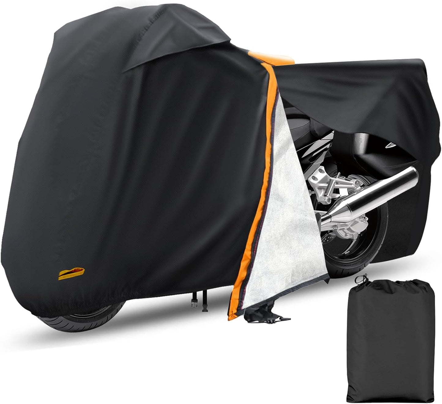 Motorcycle Cover,Waterproof Zipper Outdoor Cover for All Seasons Windproof, High Heat Resistance Dustproof and Rainproof Snowproof(Orange Zipper M Fits Up to 87 inch)