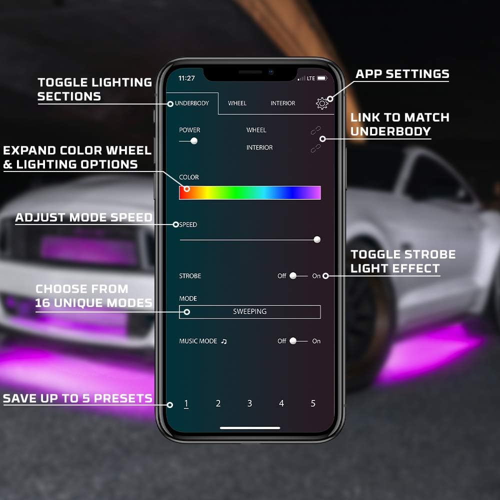 LEDGlow 4pc Bluetooth Million Color LED Underbody Underglow Accent Neon Lighting Kit for Cars - Smartphone App - Courtesy Lights - Create Any Color - 16 Modes - Water Resistant Tubes - Control Box