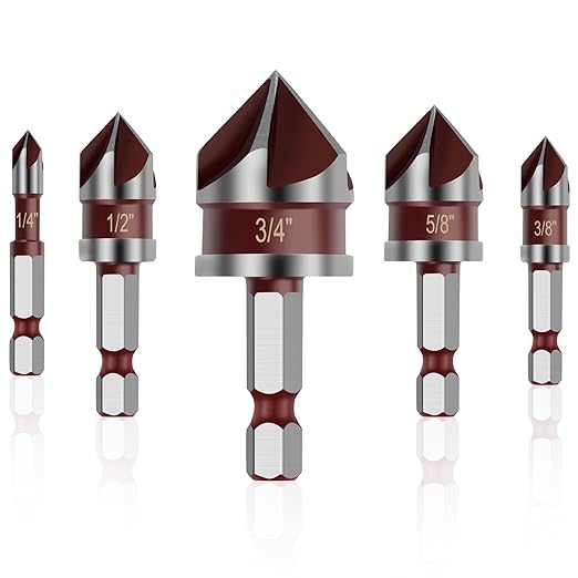 5PCS Countersink Drill Bit Set, 82 Degree HSS Counter Sink Drill Bit for Wood, Metal, Plastic, 1/4"-3/4" with 1/4" Hex Shank Countersink Bit Set
