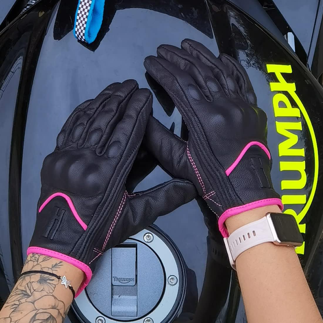 Harssidanzar Women's Motorcycle Gloves,Leather Motorcycle Gloves, Motorbike Gloves, Road Racing, Cycling, Climbing, Powersports Gloves Touchscreen GL016