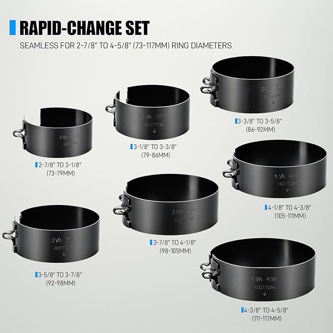 8 Piece Piston Ring Compressor Tool Set with Piston Ring Pliers and 7 Piston Rings from 2-7/8" to 4-5/8"(73mm-117mm), Ring Compressor for Car Engine