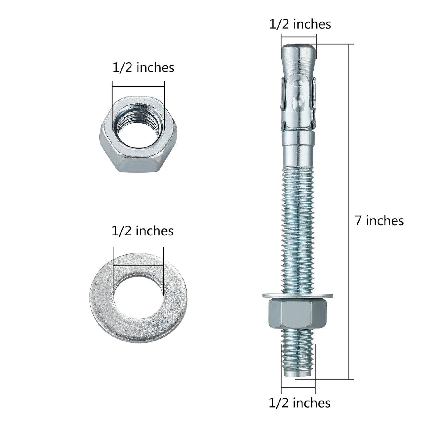 1/2x7" 10Pcs Inch Standard Fasteners for Heavy-Duty Zinc Wedge Anchors for Cement and Concrete