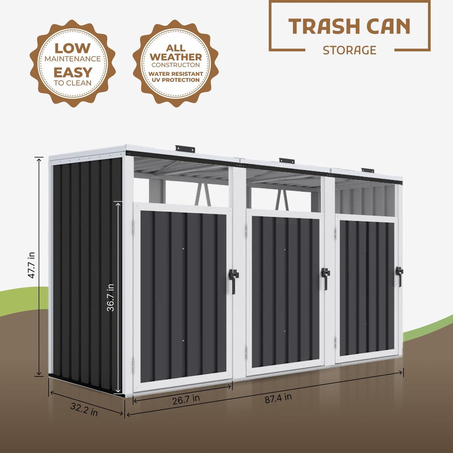 7.3' x 2.7' Metal Storage Shed Outdoor, Waterproof Garbage Can Enclosure for Three 50-Gallon Cans, Perfect for Garden, Backyard, Poolside and Lawn