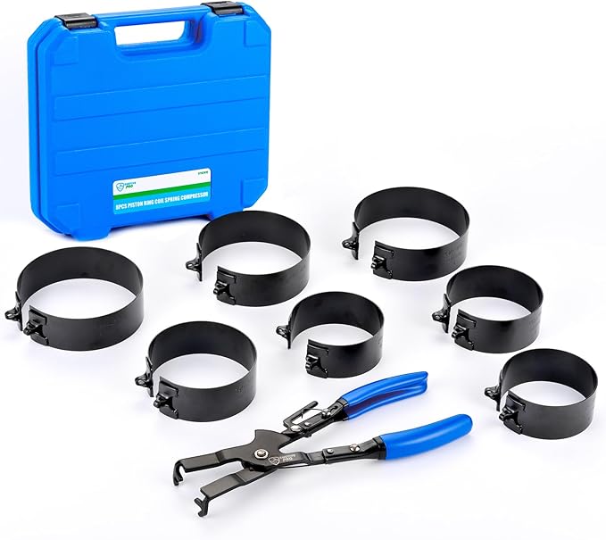 8 Piece Piston Ring Compressor Tool Set with Piston Ring Pliers and 7 Piston Rings from 2-7/8" to 4-5/8"(73mm-117mm), Ring Compressor for Car Engine
