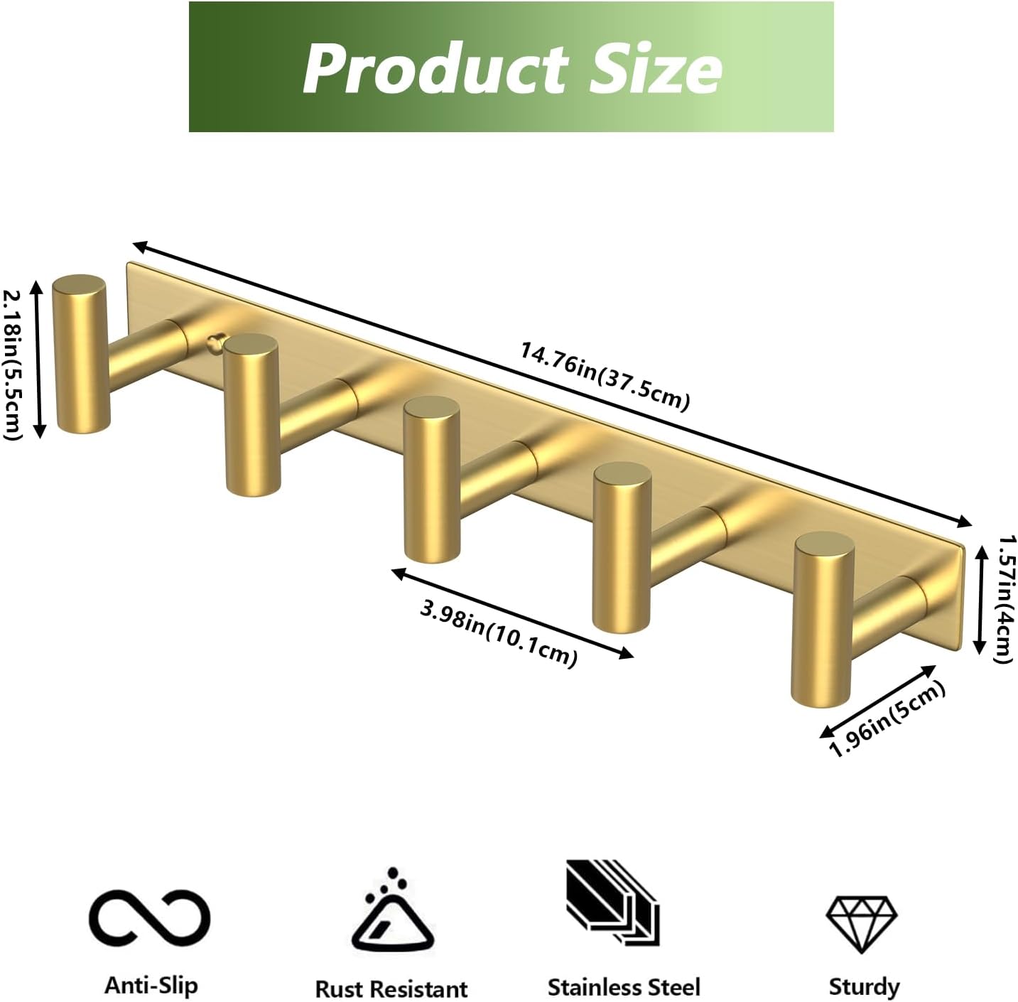 Wall Mounted Coat Rack-5 Hooks, Heavy Duty Stainless Steel Hook Rail for Towel Coat Hat Purse Bag Jacket, Towel Hooks for Entryway Bathroom Kitchen (Gold 5 Hooks - 1 Pack)