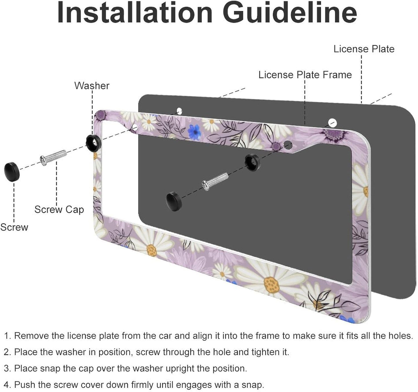 Flowers Daisy License Plate Frames - 2 Pcs Set 2 Holes Metal Aluminum Auto Car Accessories Decoration License Plate Frame 12.2 x 6.3 inch for Women Men Gift