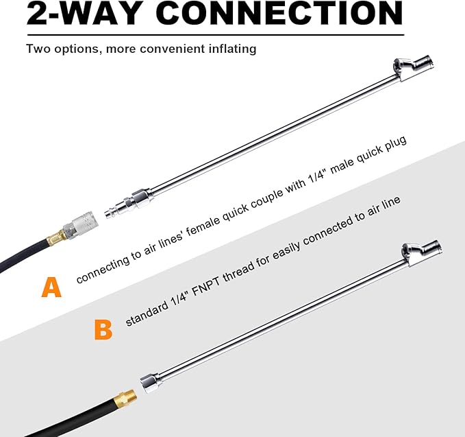 2-Way Connection 13.8" Extended Air Chuck Set, 1/4 in FNPT Straight Foot Dual Head Tire Inflate Chuck with Standard Quick Plug, Tire Air Compressor Fill Kit for Truck RV Dually Tires