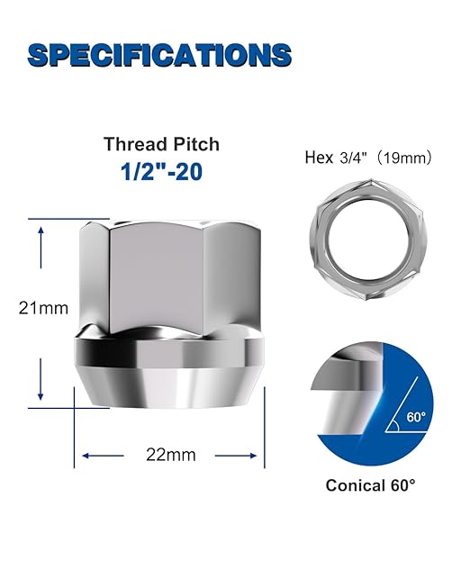 GAsupply 1/2-20 Short Open End Lug Nuts, 0.8" 21mm Tall, 3/4" 19mm Hex, Conical Seat 60 Degree Bulge Acor Chrome Nuts, 20 Pcs