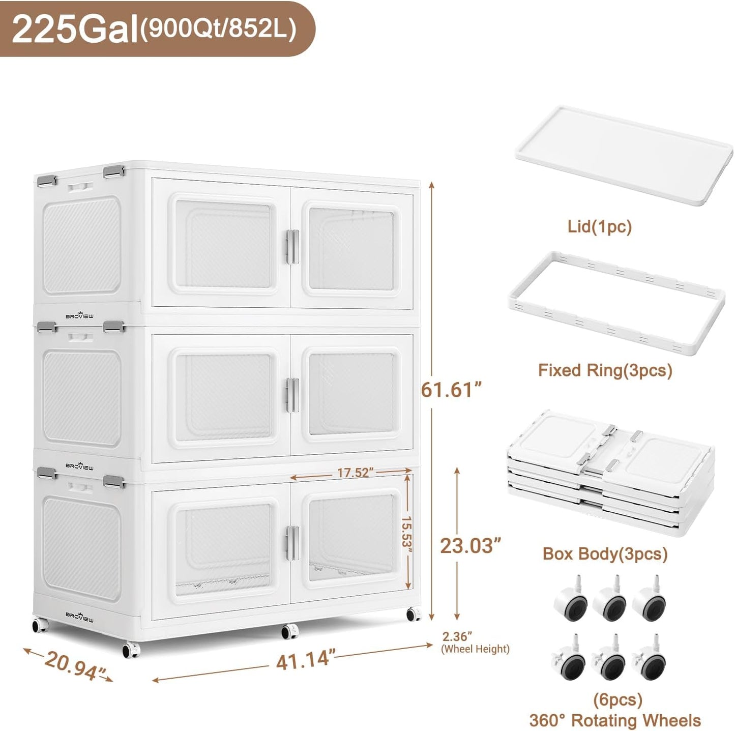 900 Qt Stackable Storage Bin with Lid, 225Gal Extra Large Collapsible Storage Boxes, Folding Plastic Drawer, Heavy-Duty Store Cabinet, Closet Organizer for Home Kitchen, 3 Pack White
