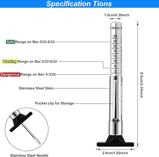 GODESON Tire Tread Depth Gauge,Metal Tread Depth Gauge with Clip,Tire Depth Gauge 32nds for car, Truck, Vehicle, Motocycler etc(Pack of 2)
