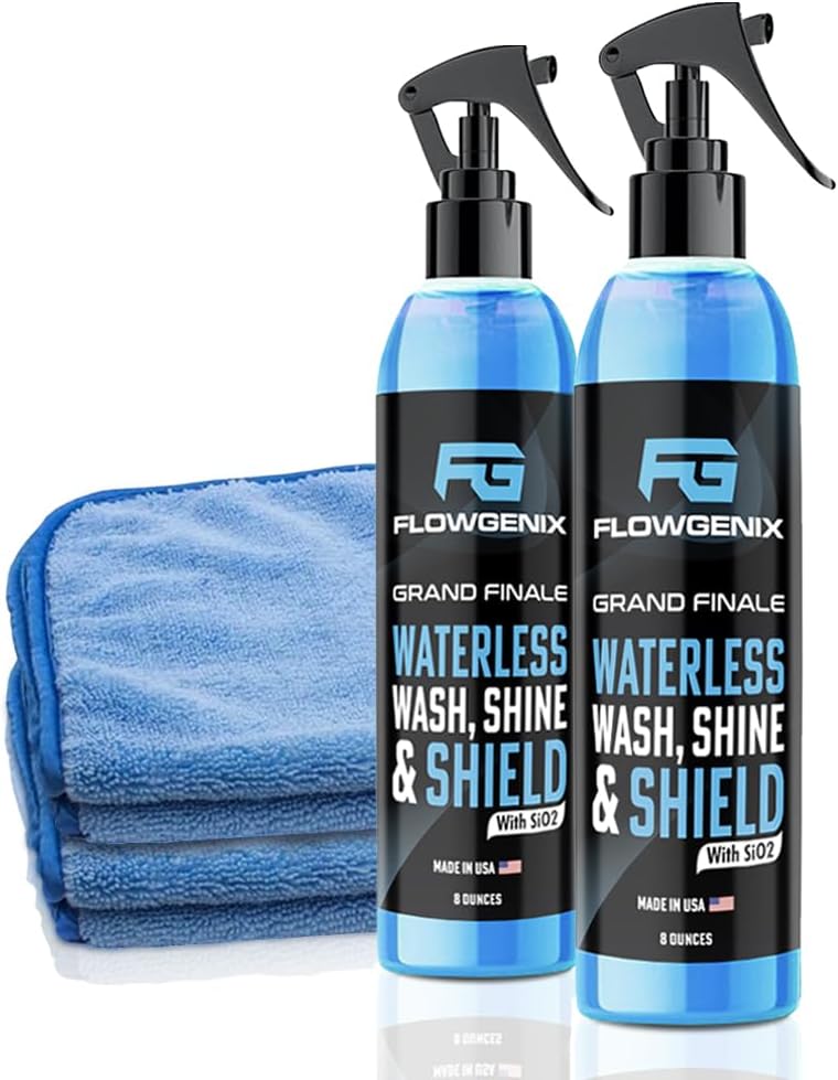 Flowgenix™ Waterless Car Wash Spray - Grand Finale - Motorcycle Cleaner & Car Wax Spray Polish (8 oz) - Ceramic Coating - Incl. 2 Microfiber Towels - Quick Detailer Spray (2-Pack)