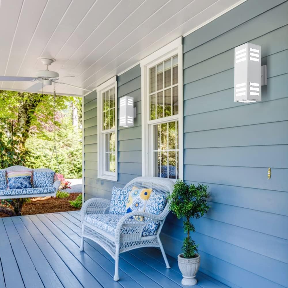 harriet Porch Lights Outdoor Modern - IP64 Waterproof Aluminum and Tempered Glass Cover, 13" Rectangular Up/Down Wall Sconce for Porch, Garage & Patio, Exterior Lighting, White, 2 Pack