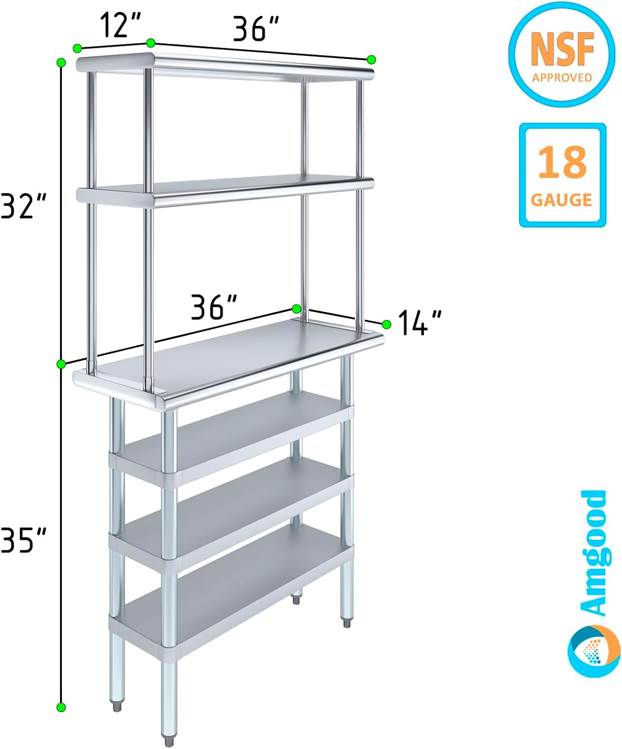 Amgood 14" x 36" Stainless Steel Work Table with 3 Shelves and 12" Wide Double Tier Overshelf | Metal Kitchen Prep Table & Shelving Combo | NSF