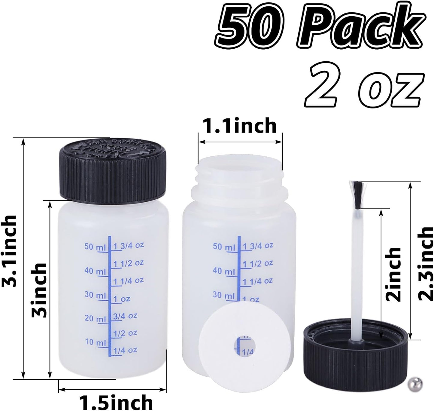 CYEAH 50 Pcs Touch Up Paint Container, 2 oz Paint Touch Up Bottles with Child-safe Lid and Applicator Brush, Touch-up Leftover Paint Container with Mixing Ball for Fixing Wall, Scratches, Car Surface