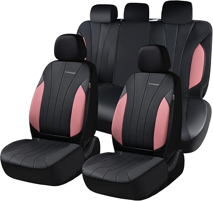 Coverado Car Seat Covers, Luxury Seat Covers Full Set, Waterproof Leather Car Seat Protectors, Pink Automotive Seat Covers Universal Fit for SUVs Trucks Sedans